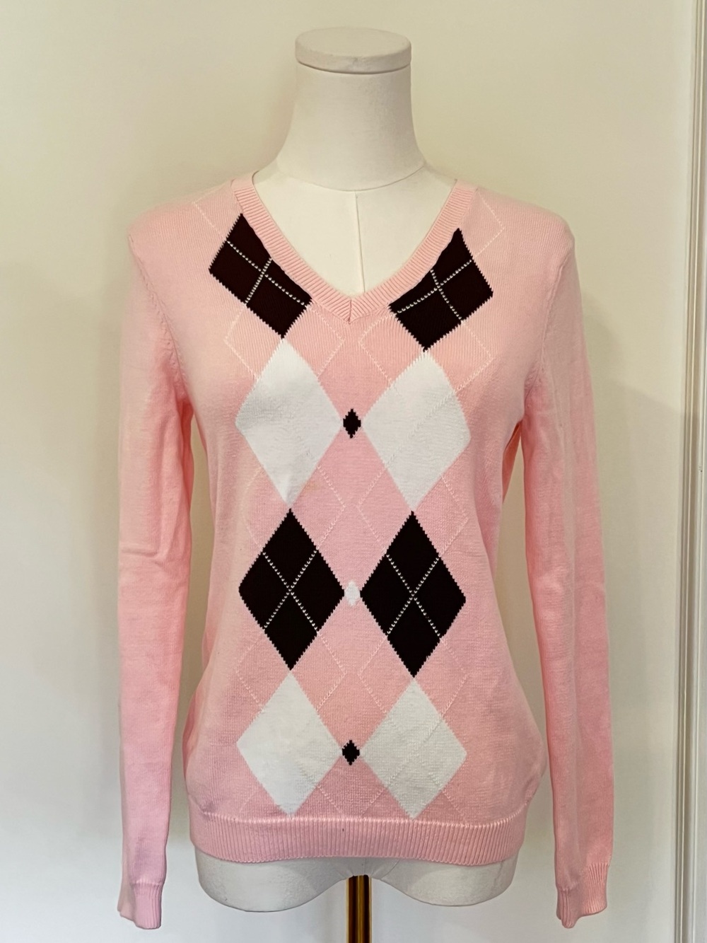 IZOD Pink Argyle V-Neck Sweater Preppy Coquette Tenniscore golf XS